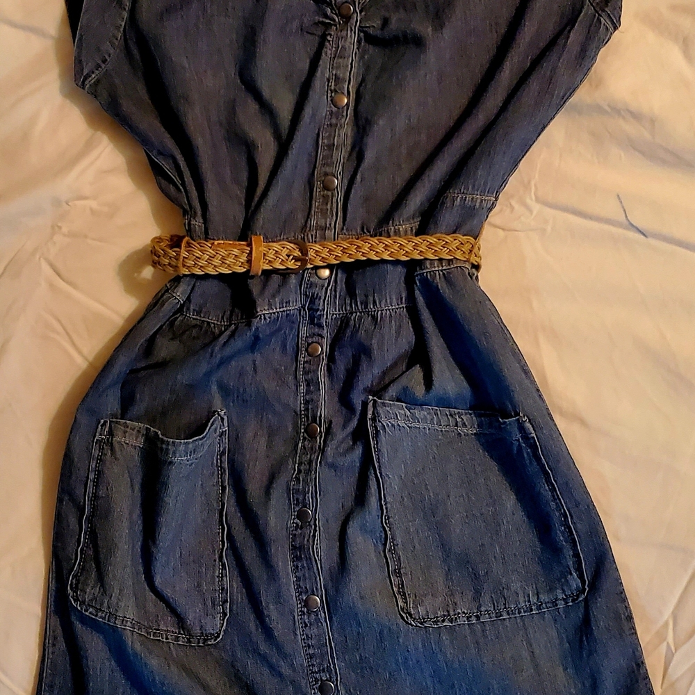 Jessica Simpson Blue Denim Button-Up Dress with Braided Tan Belt